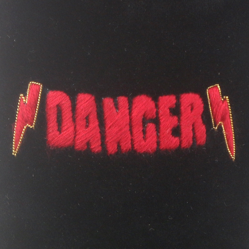Danger Motif Embroidered Velvet Slipper Close-up