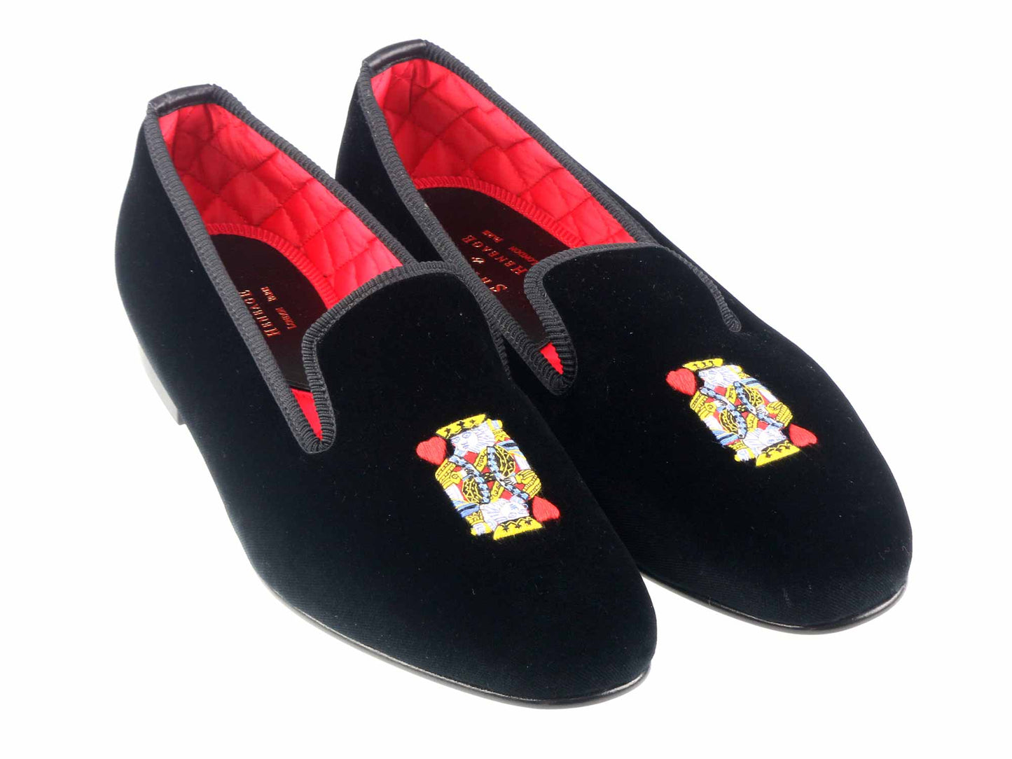 Mens WIDE King of Hearts Motif Black Velvet Slipper - UK 14