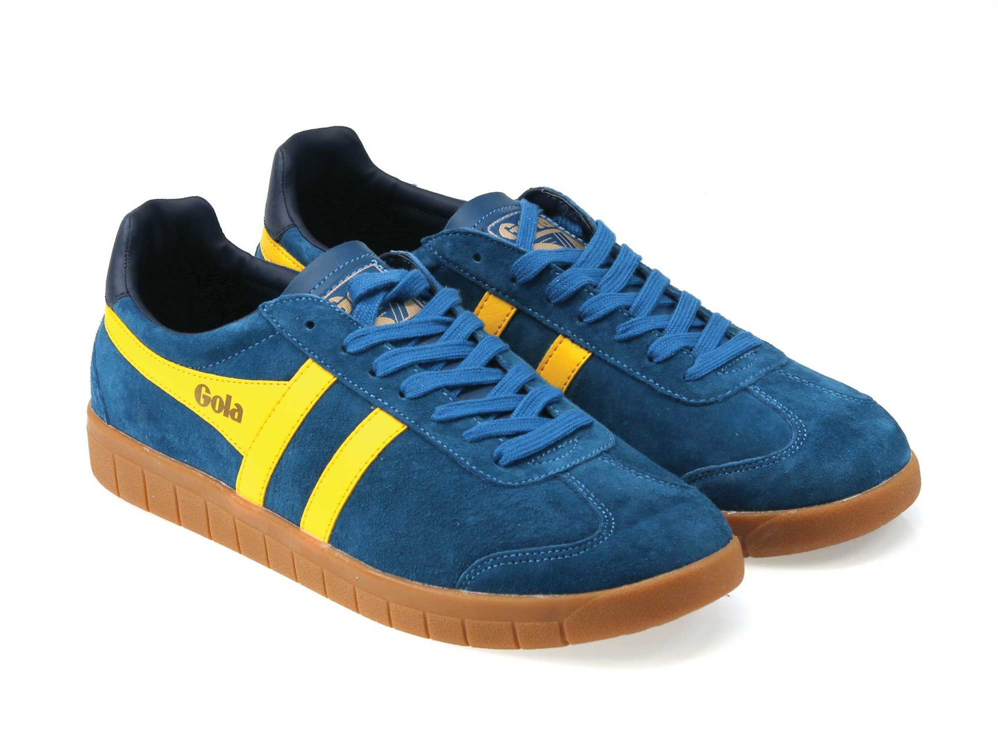 marine blue sneaker with yellow stripe