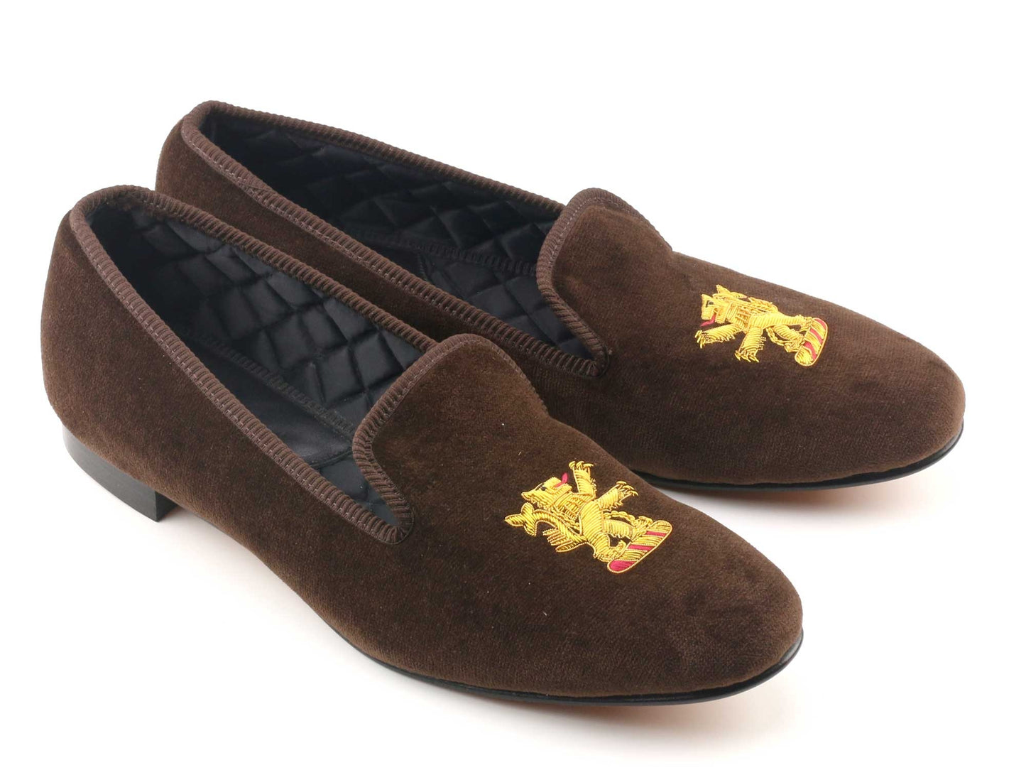 Mens NARROW Rampant Lion Motif Brown Velvet Slipper - UK 10.5