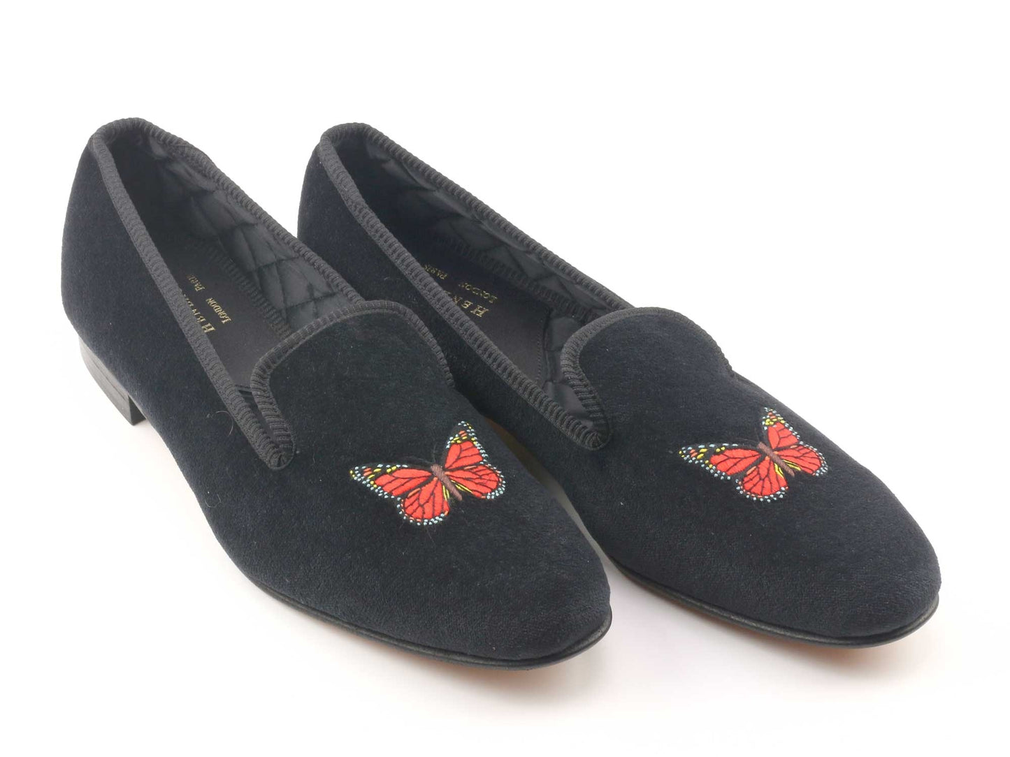 Mens NARROW Butterfly Motif Black Velvet Slipper - UK 9