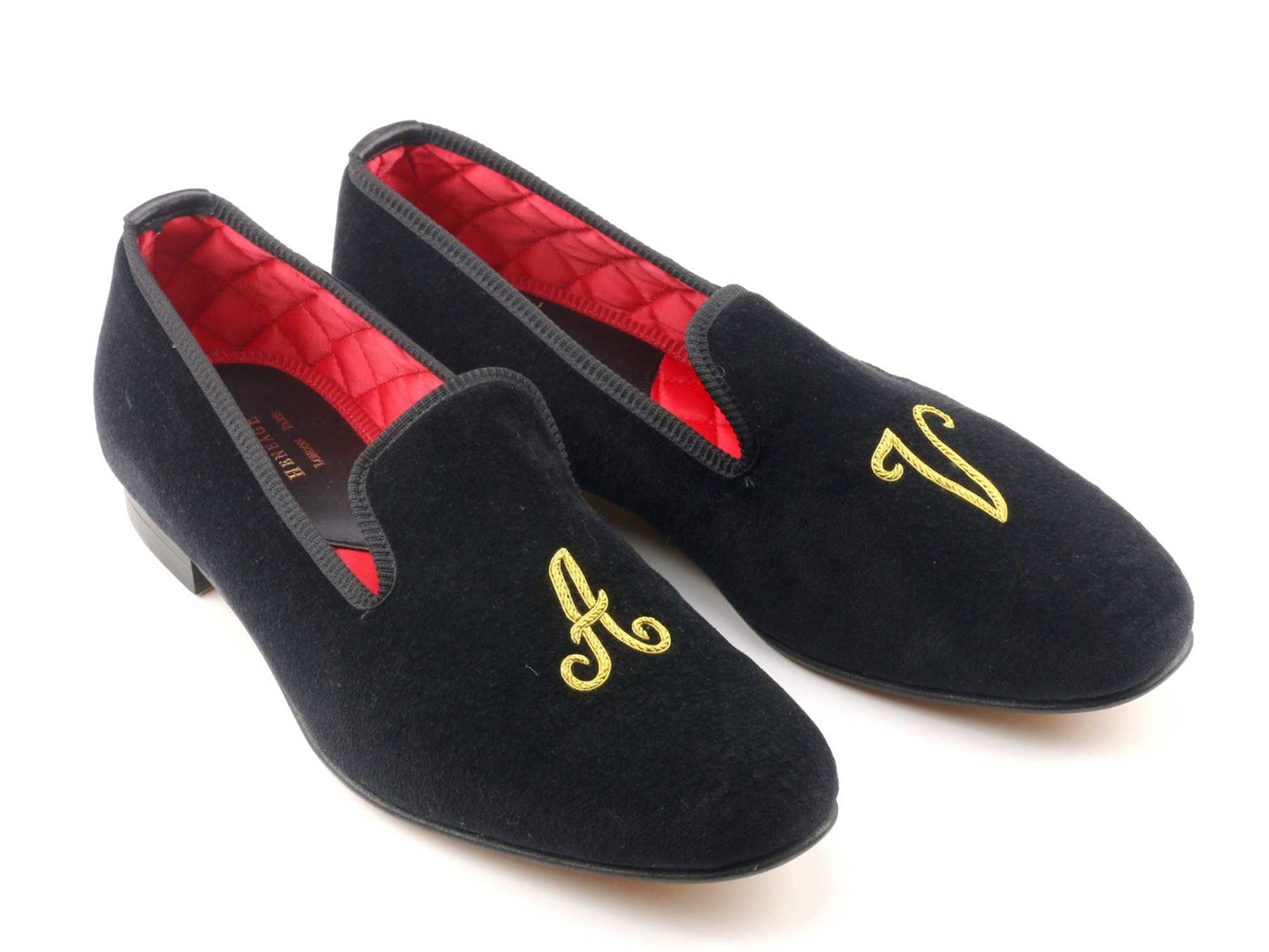 Mens A V Initialled Black Velvet Slipper - UK 10.5