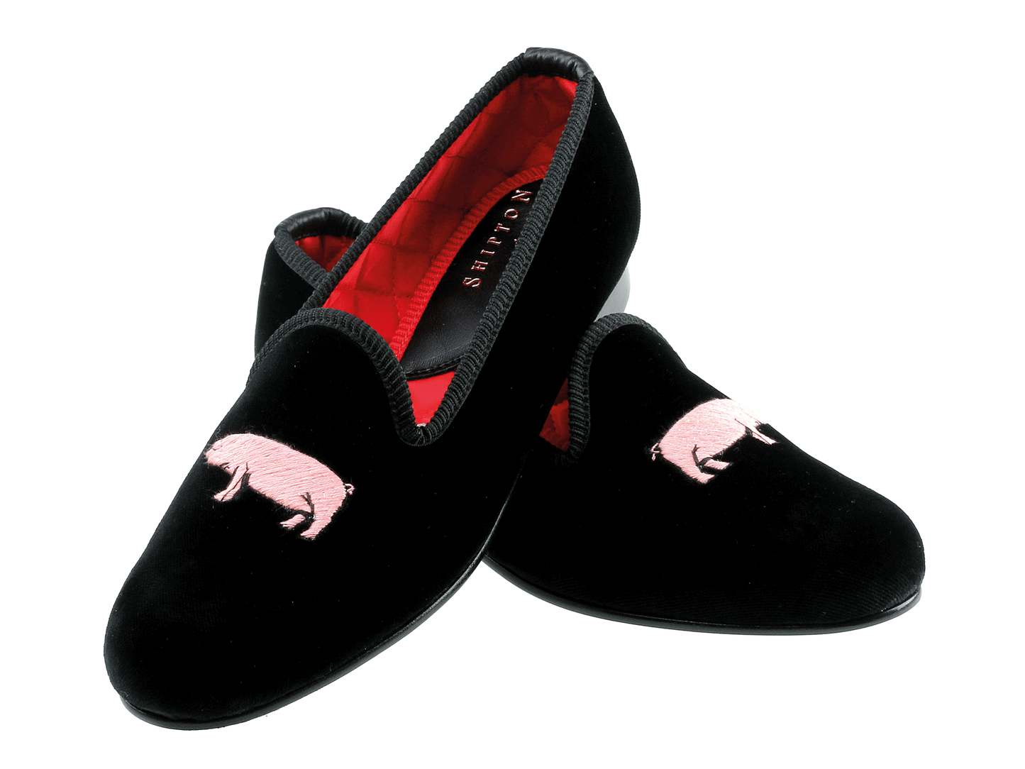 Pig / Hog Motif Embroidered Velvet Slipper Pair