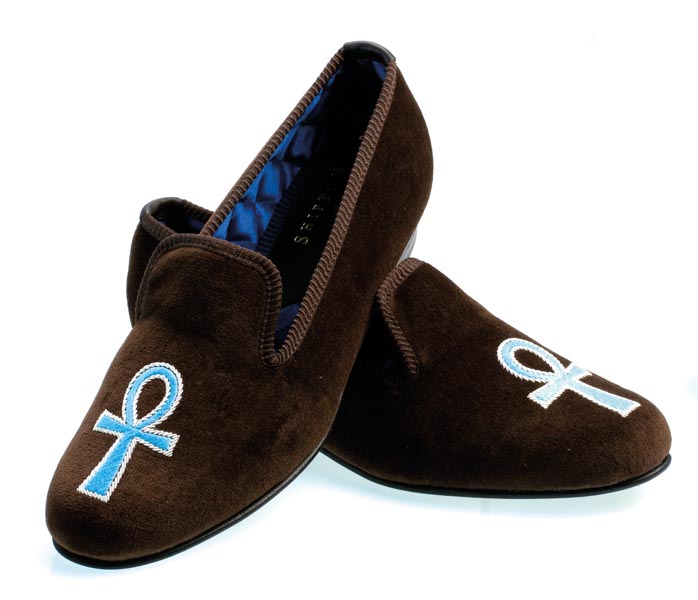 Ankh Motif Embroidered Velvet Slipper Pair