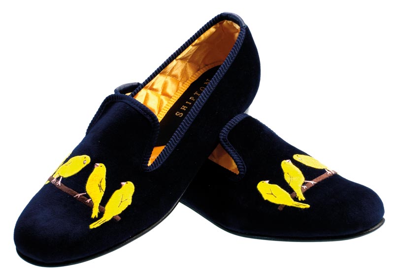 Canaries Motif Embroidered Velvet Slipper Pair