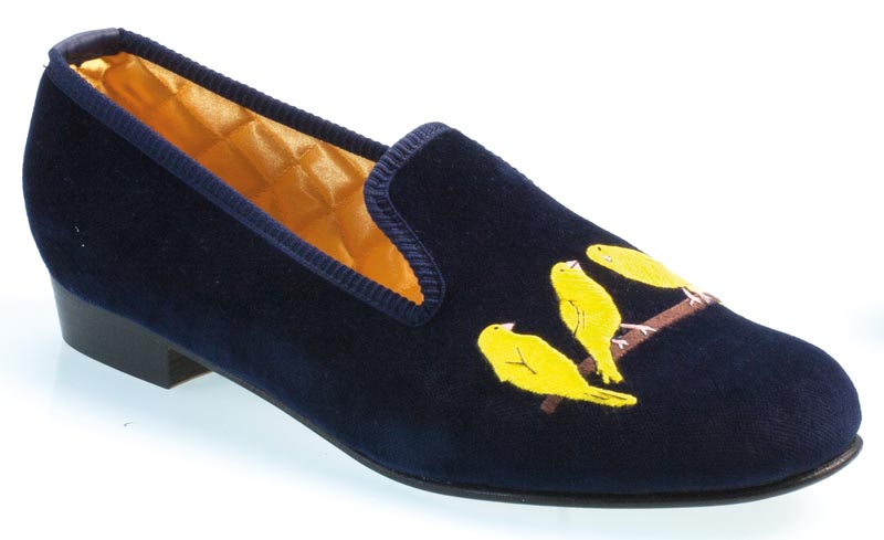Canaries Motif Embroidered Velvet Slipper