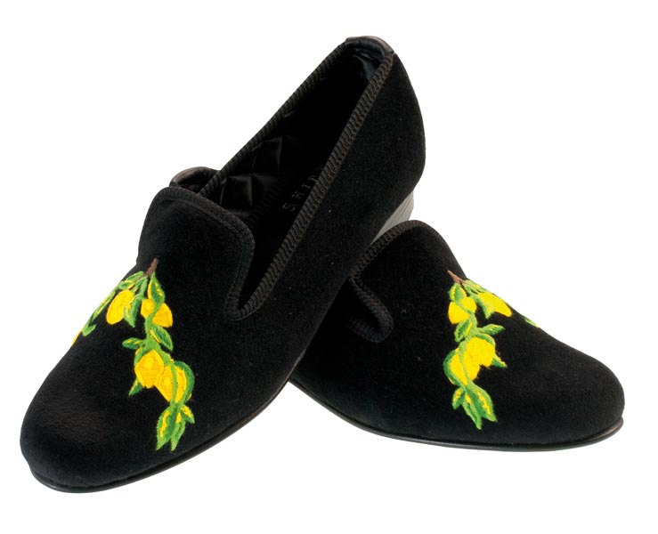 Lemon Motif Embroidered Velvet Slipper Pair