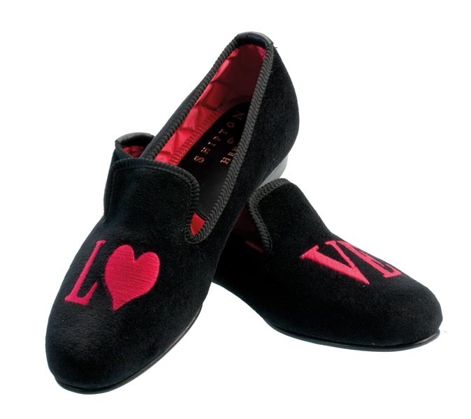Love Motif Embroidered Velvet Slipper Pair