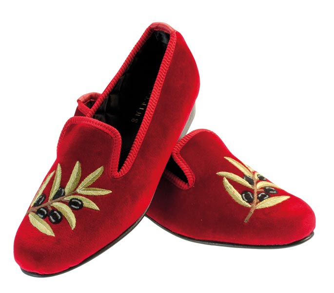 Olives Motif Embroidered Velvet Slipper Pair