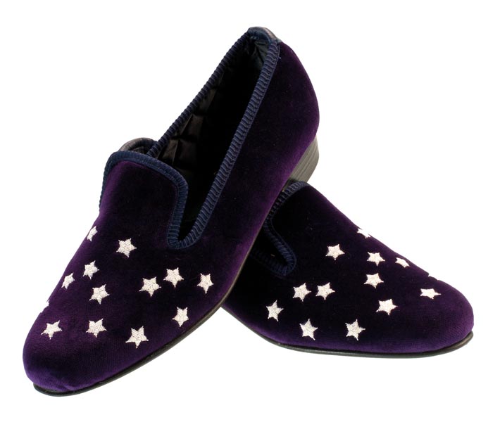 Night Sky Motif Embroidered Velvet Slipper Pair
