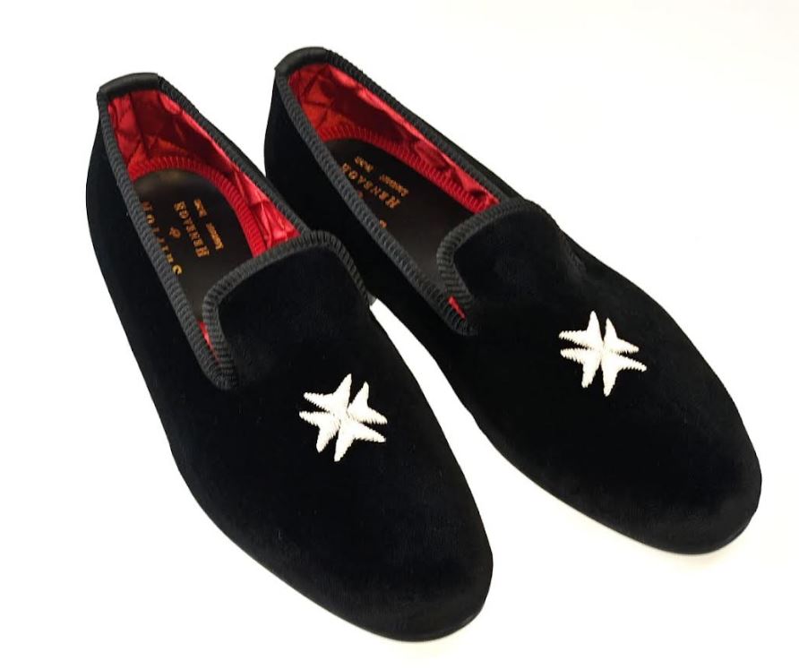Mens Silver Maltese Cross Motif Black Velvet Slipper - UK 8 H