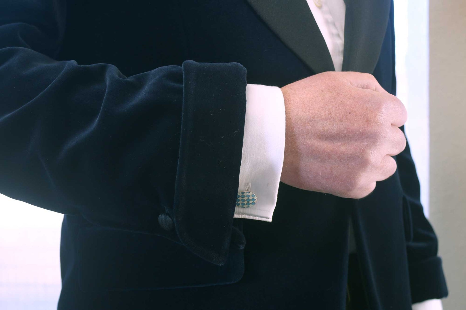 Navy Blue Velvet Smoking Jacket with Enamel Cufflinks