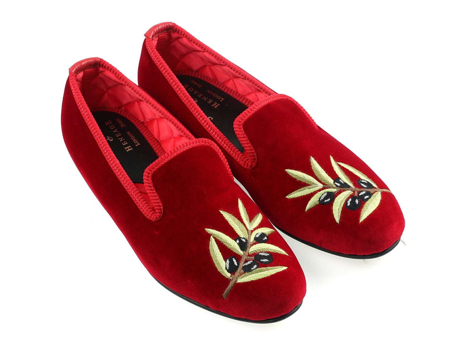 Ladies Olive Motif Red Velvet Slipper - UK 6.5