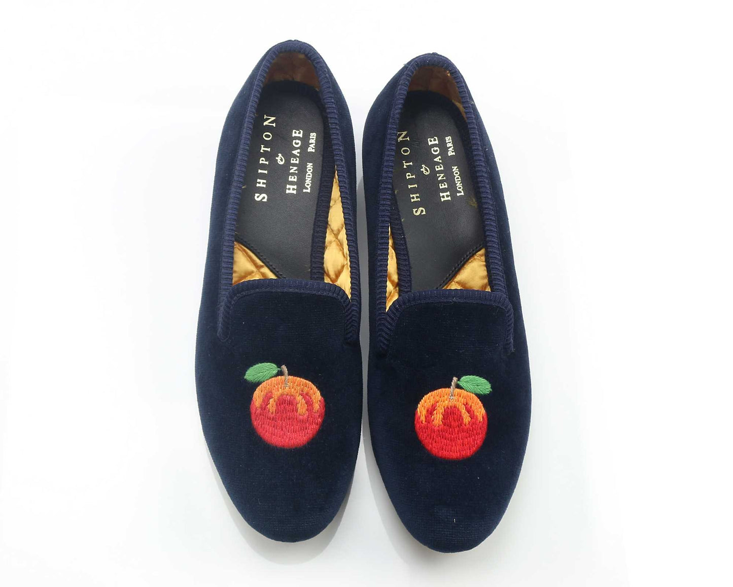 Ladies Apple Motif Navy Velvet Slipper - UK 4.5