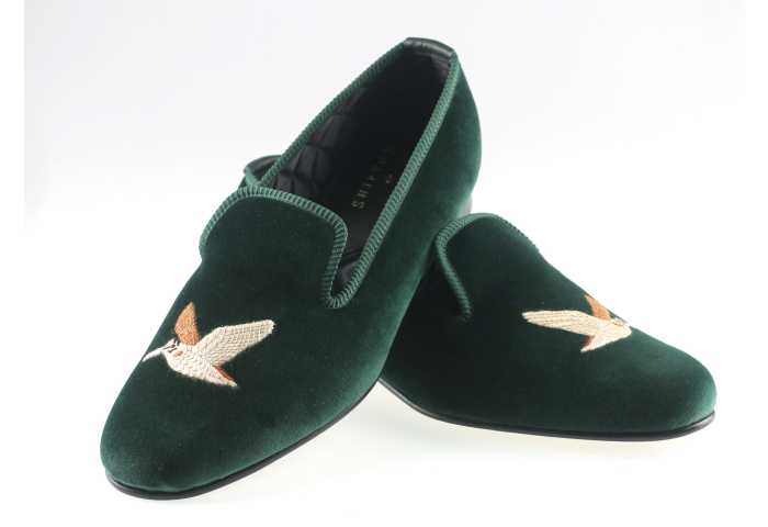 Flying Woodcock Motif Embroidered Velvet