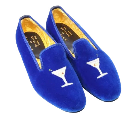 royal blue velvet slipper with cocktail glass motif
