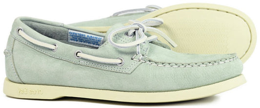 light sage green deck shoe with white sole