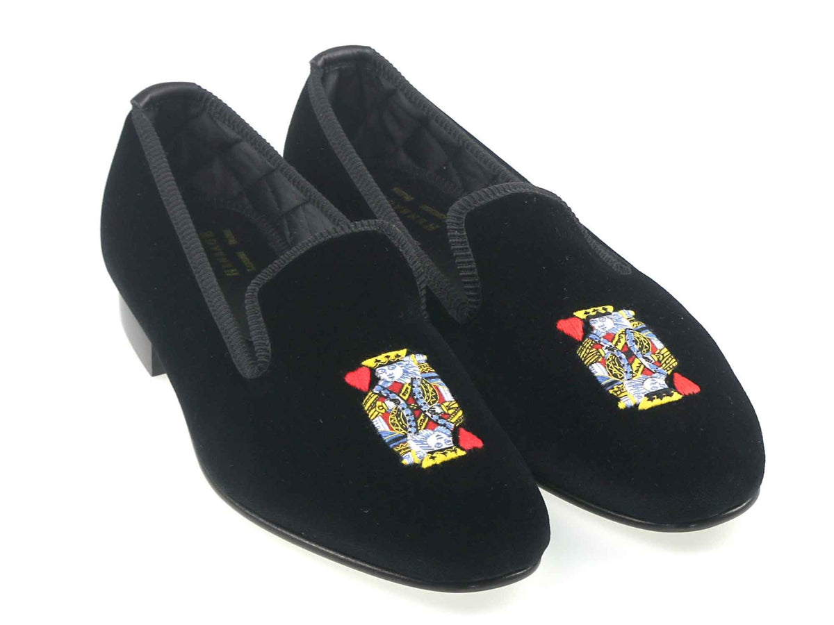 Mens King of Hearts Motif Black Velvet Slippers UK 8