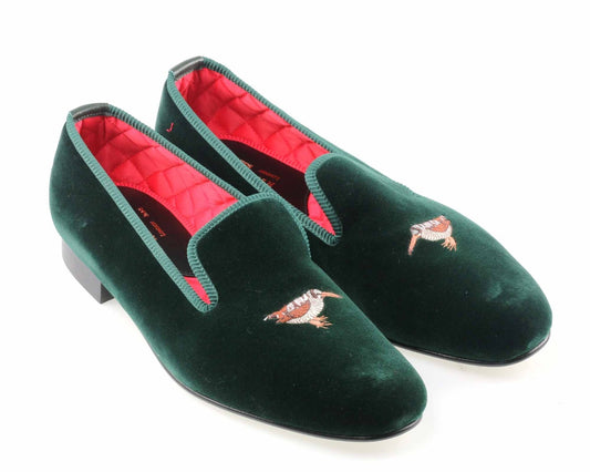 Standing Woodcock Motif Embroidered Velvet Slipper
