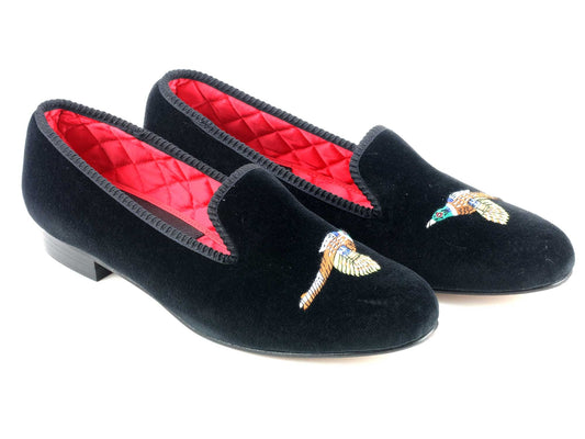 Ladies Pheasant Motif Black Velvet Slipper - UK 8.5